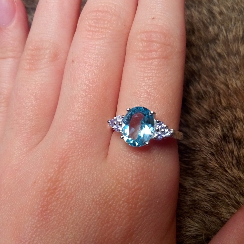 Sterling silver blue topaz and iolite ring
